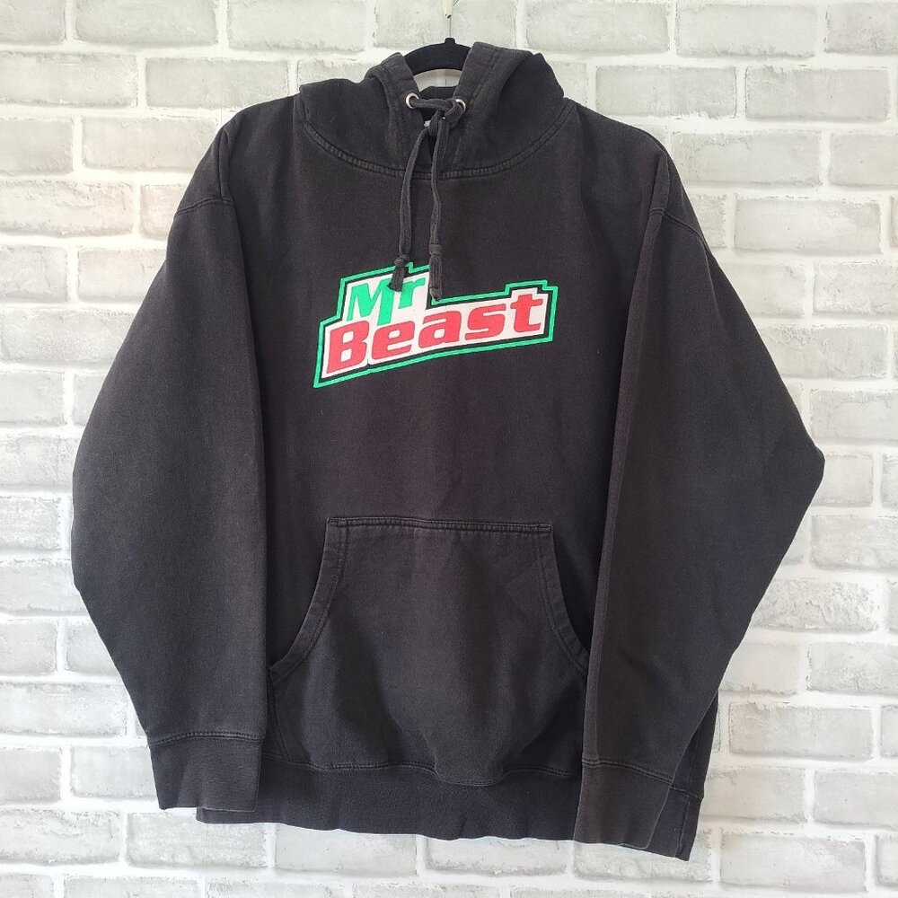 Mr Beast Hoodie L Unisex Black Cotton Blend Front Back Graphics Distressed
